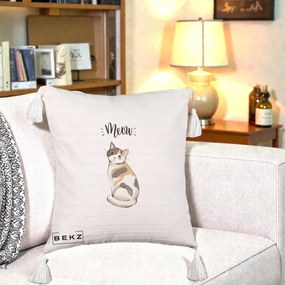 Perna Personalizata Pisica Meow Acuarela, 40x40 cm, Bej cu Franjuri, Husa Detasabila, Perna Inclusa, BEKZ®