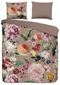 Lenjerie de pat din bumbac organic pentru pat de o persoană Descanso Flowery, 140 x 200 cm, gri - maro