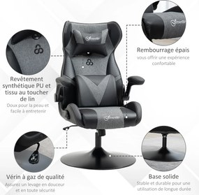 Vinsetto Fotoliu de gaming ergonomic cu bază rotundă înălțime reglabilă, brațe rabatabile, perne pentru cap și lombari PU gri și negru | Aosom Romania
