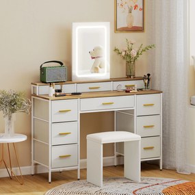 HOMCOM Masă de toaletă cu oglindă și lumini LED 3 culori, masă de machiaj 10 sertare din material textil, 118,5 x 39,5 x 140 cm natural | Aosom Romania