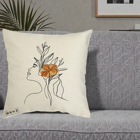 Perna Decorativa Portret Feminin Floare Portocalie Lateral, 40x40 cm, Ecru, Husa Detasabila, Perna Inclusa, BEKZ®