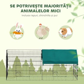 PawHut Cușcă pentru Iepuri și Găini de Exterior și Interior cu Protecție Solară și Grilaj Metalic, Coteț Recint pentru Animale Mici, Găini, 185x75x75 cm, Verde | Aosom Romania