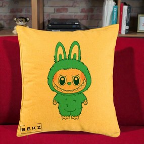 Perna Personalizata Labubu Turcoaz, 40x40 cm, Galben, Husa Detasabila, Perna Inclusa, BEKZ®
