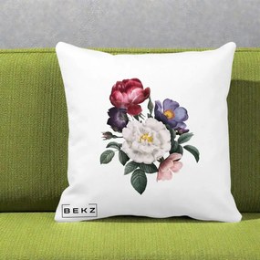 Perna Decorativa Buchet Trandafiri Bujori Botanical, 40x40 cm, Alba Mata, Husa Detasabila, Perna Inclusa, BEKZ®