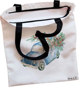 Sacosa de Panza pentru Cumparaturi, Geanta Tote, model Watercolor Car, Cu fermoar, 38x34.5 cm, Alba, BEKZ®