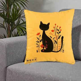 Perna Decorativa Pisica Neagra Flori Rosii Folk Minimal, 40x40 cm, Galben, Husa Detasabila, Perna Inclusa, BEKZ®