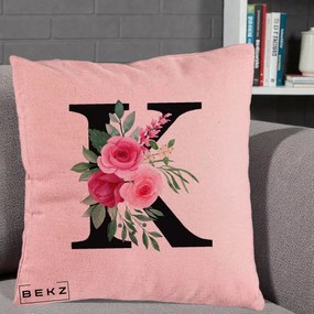Cadou Personalizat - Perna Personalizata Monograma Florala Litera K, 40x40 cm, Roz, Husa Detasabila, Perna Inclusa, BEKZ®
