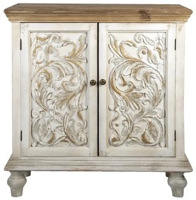 Comodă shabby chic din lemn, alb antichizat, cu detalii sculptate manual, „Fleur de Lys”