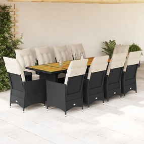 3277256 vidaXL Set bistro de grădină, 11 piese, cu perne, negru, poliratan