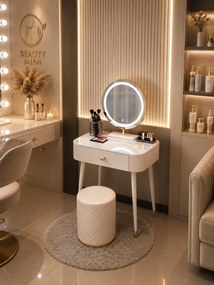 Set VICTORIA GLAM – Set Masă de Machiaj cu Oglindă LED și Taburet, Accente Aurii și Blat cu efect marmură, Alb