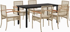 vidaXL Set de masă pentru grădină, 7 piese, cu perne, bej, poliratan