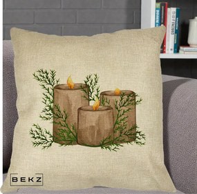 Perna Decorativa Lumanari Rustice cu Crengute Brad, 40x40 cm, Crem, Husa Detasabila, Perna Inclusa, BEKZ®