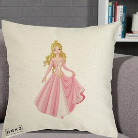 Perna Decorativa Printesa Aurora Rochie Roz, 40x40 cm, Ecru, Husa Detasabila, Perna Inclusa, BEKZ®