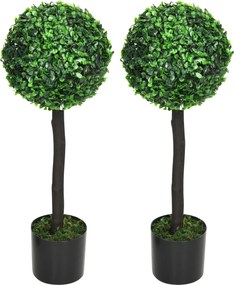 HOMCOM Set de 2 plante mingi de bux artificial cu trunchi si ghiveci inclus - inaltime 60 cm | Aosom Romania
