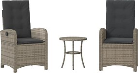vidaXL Set bistro de grădină cu perne, 3 piese, gri, poliratan
