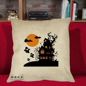 Perna Decorativa Halloween Casa Bantuita cu Fantome, 40x40 cm, Crem, Husa Detasabila, Perna Inclusa, BEKZ®
