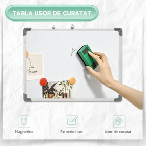 HOMCOM Tablă Magnetică de Perete cu Margini Rotunjite cu Radieră, Markere și Magneți, 60x1.8x45 cm, Albă | Aosom Romania
