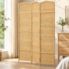 HOMCOM Paravan Interior Pliabil cu 3 Panouri Împletit din PP și Lemn de Pin, 135x1,7x180 cm, Lemn Natural | Aosom Romania