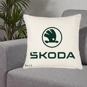 Perna Personalizata cu emblema Skoda, 40x40 cm, Crem Reliefat, Husa Detasabila, Perna Inclusa, BEKZ®