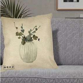 Perna Decorativa Vaza cu Eucalipt Watercolor, 40x40 cm, Crem, Husa Detasabila, Perna Inclusa, BEKZ®