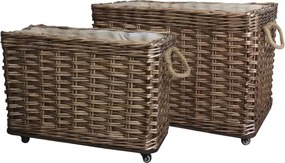 Set 2 coșuri decorative dreptunghiulare lucrate manual din ratan împletit, cu roți, 55x82x48 cm, „Vannerie"