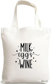 Sacosa de Panza pentru Cumparaturi, Geanta Tote, model Milk eggs wine, 38x34.5 cm, Alba, BEKZ®