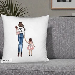 Cadou pentru Mama - Perna Personalizata Mom of Girls Mama cu Fetele, 40x40 cm, Alb Pufos, Husa Detasabila, Perna Inclusa, BEKZ®