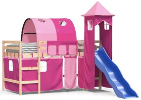 3207092 vidaXL Pat etajat de copii cu turn, roz, 80x200 cm, lemn masiv pin