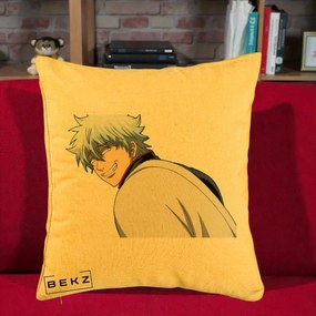 Perna Personalizata Gintama Gintoki Portret cu Zambet, 40x40 cm, Galben, Husa Detasabila, Perna Inclusa, BEKZ®