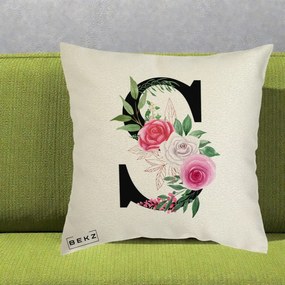 Cadou Personalizat - Perna Personalizata Monograma Florala Litera S, 40x40 cm, Ecru, Husa Detasabila, Perna Inclusa, BEKZ®