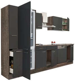 Mobilă de bucătărie Yorki 310, corp din stejar Yorki, față antracit satinat, frigider cu congelator în partea de jos