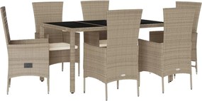 vidaXL Set de masă pentru grădină, 7 piese, cu perne, bej, poliratan