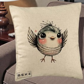 Perna Decorativa Pasare Gri cu Aripi si Inimioare, 40x40 cm, Bej, Husa Detasabila, Perna Inclusa, BEKZ®