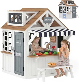 AIYAPLAY Căsuță pentru copii în aer liber din lemn, casă pentru copii în aer liber cu ușă pentru animale, ustensile de bucătărie, banc și sonerie, alb | Aosom Romania