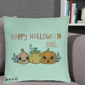 Perna Decorativa Happy Halloween Boo Trei Dovlecei Kawaii, 40x40 cm, Verde Menta, Husa Detasabila, Perna Inclusa, BEKZ®