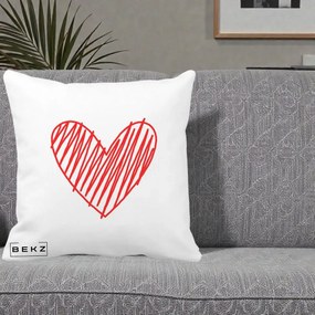 Perna Decorativa Inima Rosie Desen Manual, 40x40 cm, Alba Mata, Husa Detasabila, Perna Inclusa, BEKZ®