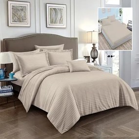 Lenjerie de pat Damasc Policoton cu 6 piese, cearceaf cu elastic 180x200cm, pentru pat dublu, cappucino, IMP52