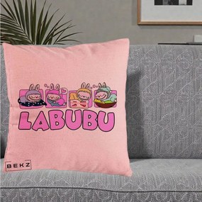 Perna Personalizata Labubu Sleeping Quad, 40x40 cm, Roz, Husa Detasabila, Perna Inclusa, BEKZ®