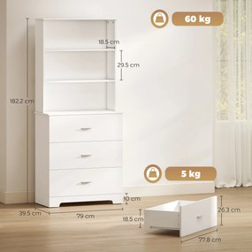 Bibliotecă HOMCOM cu 3 rafturi deschise și 3 sertare, din lemn, 79x39.5x182.2 cm, Alb | Aosom Romania