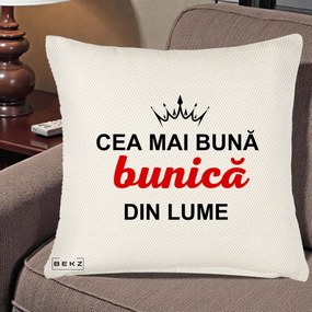 Cadou pentru Bunica - Perna Personalizata Cea Mai Buna Bunica Din Lume Coroana Neagra, 40x40 cm, Crem Reliefat, Husa Detasabila, Perna Inclusa, BEKZ®
