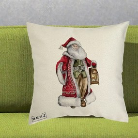 Perna Decorativa Mos Craciun Vintage cu Felinar, 40x40 cm, Ecru, Husa Detasabila, Perna Inclusa, BEKZ®