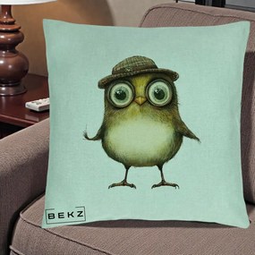 Perna Decorativa Pui Intelectual cu Palarie Tweed, 40x40 cm, Verde Menta, Husa Detasabila, Perna Inclusa, BEKZ®