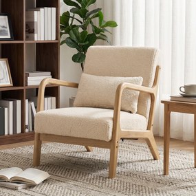 HOMCOM Fotoliu lounge - 3 perne incluse - șezut adânc - cotiere - structură lemn hévéa - aspect catifea bej | Aosom Romania