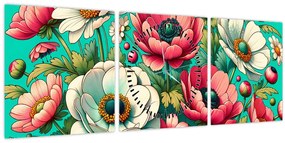 Tablou - Flori pe fundal albastru (cu ceas) (90x30 cm)