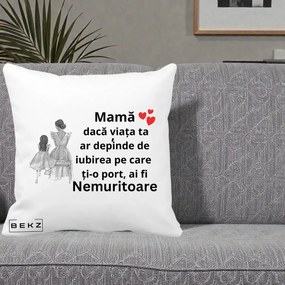 Cadou pentru Mama - Perna Personalizata Mama Nemuritoare Line Art, 40x40 cm, Alba Mata, Husa Detasabila, Perna Inclusa, BEKZ®
