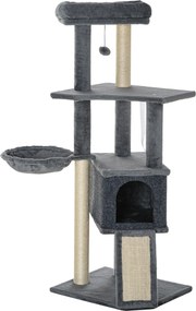 PawHut Ansamblu Zgâriat Pisici cu Stâlpi Sisal, Căsuță, Hamac, Platforme, 127 cm, PAL și Pluș, Gri | Aosom Romania
