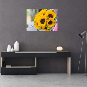 Tablou pe sticlă cu buchetul miresii de floarea soarelui (70x50 cm)