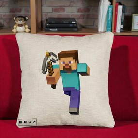 Perna Personalizata Minecraft Steve, 40x40 cm, Bej Canapea, Husa Detasabila, Perna Inclusa, BEKZ®
