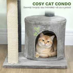 PawHut Ansamblu de joacă pentru pisici, multe niveluri cu stâlpi de sisal și Căsuță, 104cm,  Gri | Aosom Romania