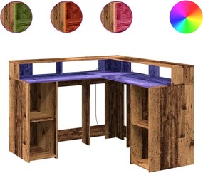 vidaXL Birou cu lumini LED, lemn vechi, 130x130x91 cm, lemn prelucrat